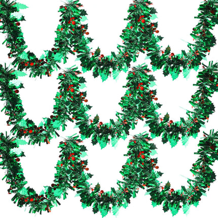Christmas Tinsel Garland Decorations Green Metallic Garland with Red Berries Leaves Christmas Tree Tinsel Garland Green Metallic Garland for Christmas Tree Ceiling Hanging Decoration(6 Pcs,39 Feet)