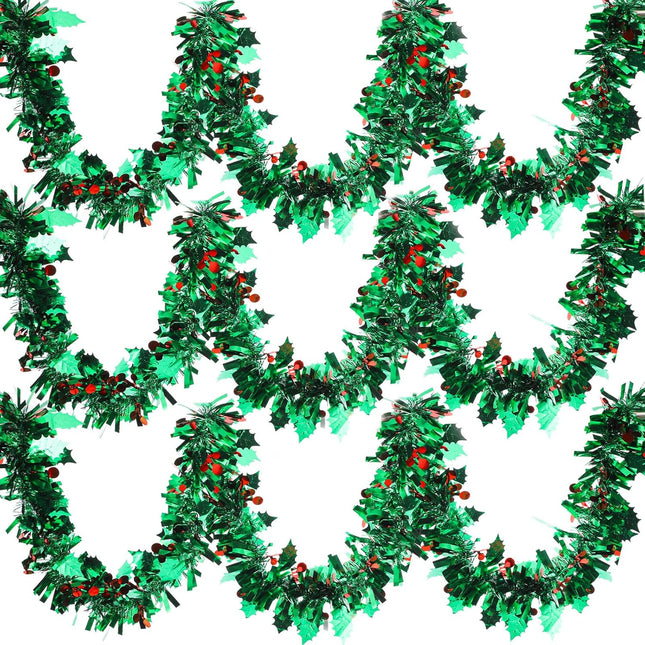 Christmas Tinsel Garland Decorations Green Metallic Garland with Red Berries Leaves Christmas Tree Tinsel Garland Green Metallic Garland for Christmas Tree Ceiling Hanging Decoration(6 Pcs,39 Feet)