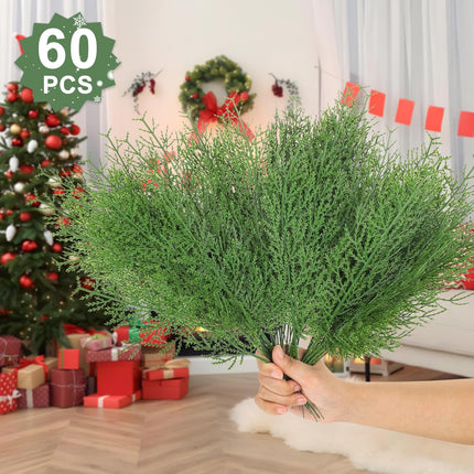 peony man 60 Pcs Artificial Pine Branches Christmas Greenery Stems 13.5 Inch Faux Cedar Pine Sprigs Christmas Tree Picks for Vase Garland Wreath Craft Home Garden Decoration