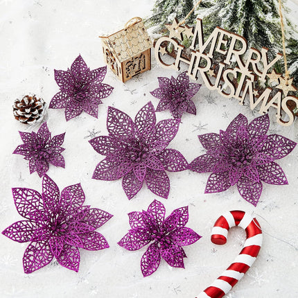 Wironlst 24 Pieces Glitter Poinsettia Flowers Christmas Tree Ornaments, Glitzy Poinsettia Bushes Christmas Decorations for Xmas/Holiday/Seasonal/Wedding (Purple)