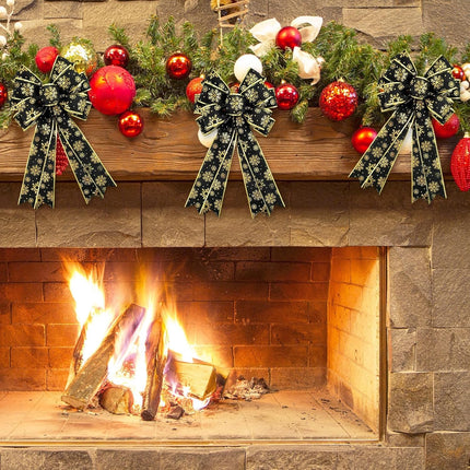 Whaline 2 Pack Christmas Wreath Bow Black Gold Snowflake Burlap Bow Xmas Decorative Tree Topper Ornaments Bow for Winter Indoor Outdoor Home Party Decor, 19.7 x 11.4 Inch