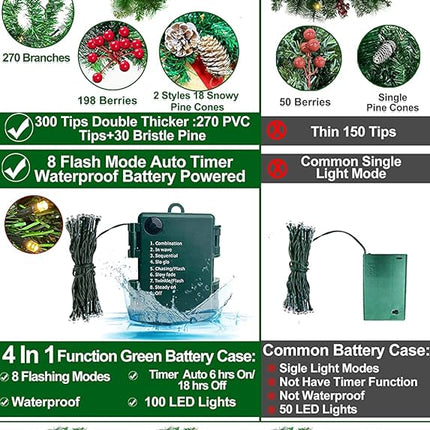 [ 2 Pack & Timer ] 9 Ft by 10'' Prelit Christmas Garland Decorations 100 LED Lights 8 Modes Battery Operated 300 Thick Tips 198 Red Berries 18 Pine Cones Xmas Garland Decor Indoor Outdoor Home Mantle