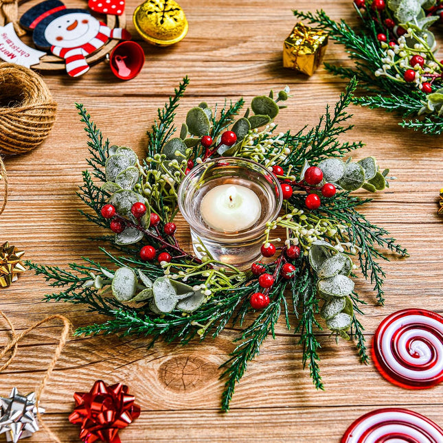 Christmas Candle Rings Artificial Red Berries Snowy Pine Needles Garland Candle Rings Wreaths Candle Rings for Pillars Rustic Wedding Centerpiece Christmas Table Decoration for Front Door (12 Pcs)