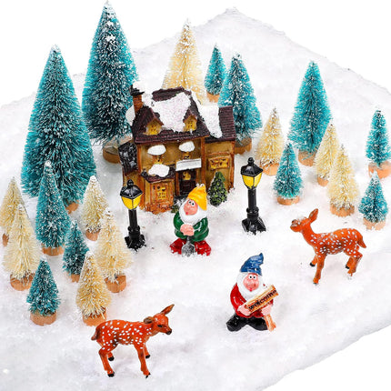 Yerliker 28 Pieces Christmas Mini Miniature Village Accessories Artificial Trees Street Lamps Santa Snow Houses Elk for Miniature Scenes Village Displays (Lake Blue and Beige,Gnome Style)