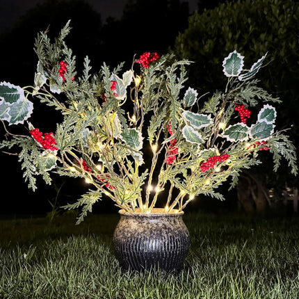 3 PCS Lighted Christmas Evergreen Sprig Branches Tree, Handmade Design with Red Berries Holly Leaves and Pine Leaves, 60 Lights in Total, Timer, Battery Operated for Home Vase Indoor Outdoor