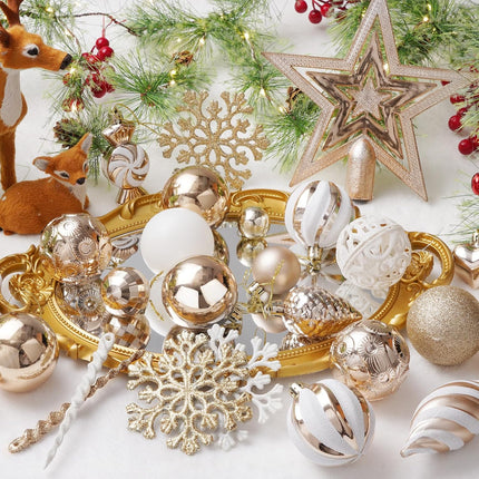 Christmas Tree Decorations - 128 Pcs Christmas Tree Ball Ornaments Set, Shatterproof Plastic Champagne Christmas Ball Ornaments for Christmas Tree Decor Holiday Wedding Party Decorations