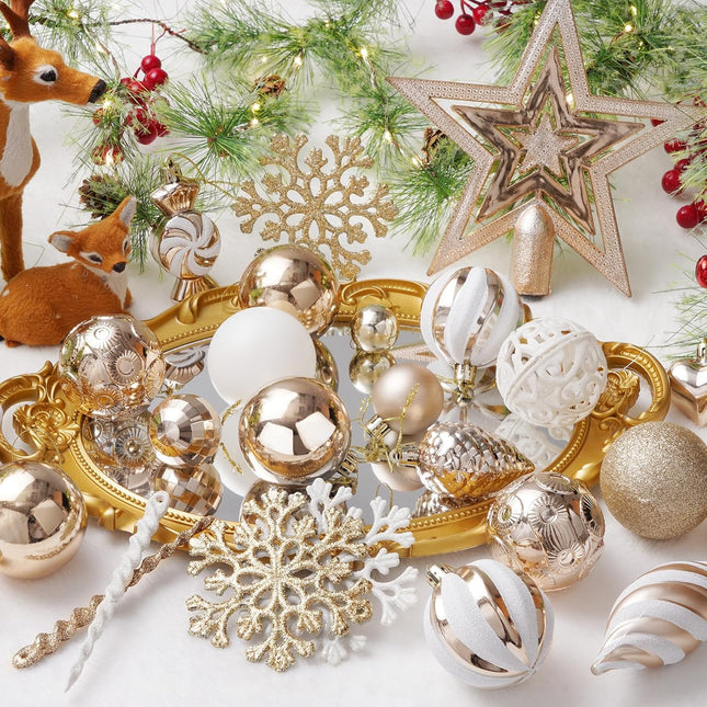 Christmas Tree Decorations - 128 Pcs Christmas Tree Ball Ornaments Set, Shatterproof Plastic Champagne Christmas Ball Ornaments for Christmas Tree Decor Holiday Wedding Party Decorations