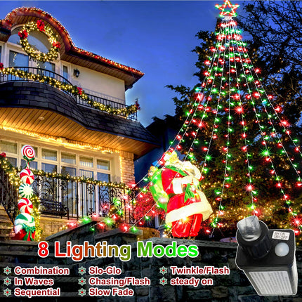 KNO Outdoor Christmas Decorations Waterfall Star Lights,344 LED 8 Modes Tree Light,Plug in Clear Wire Waterproof Seasonal Lighting Decor for Xmas Tree Wedding Yard Holiday Garden Red Green