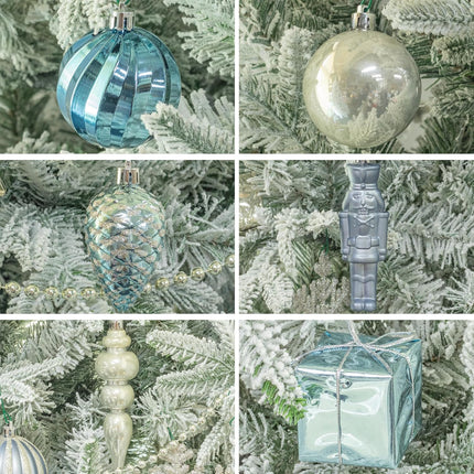 ITART 115pcs Christmas Tree Ornaments Assortment Dusty Blue Cream Gold Including Star Tree Topper Balls Large Snowflakes Pine Cone Nutcracker Figurines Bead Garland for Christmas Tree Decor