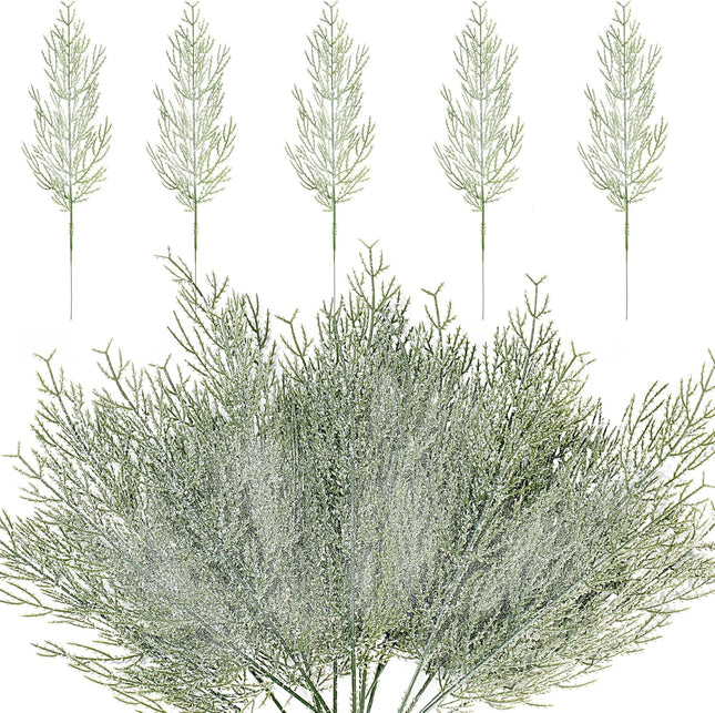Sggvecsy 30 Pieces Snow Frosted Artificial Pine Branches 13.4 Inches Christmas Snowy Greenery Leaves Faux Pine Needles Pine Picks for DIY Garland Wreath Christmas Tree Embellishing Home Decoration