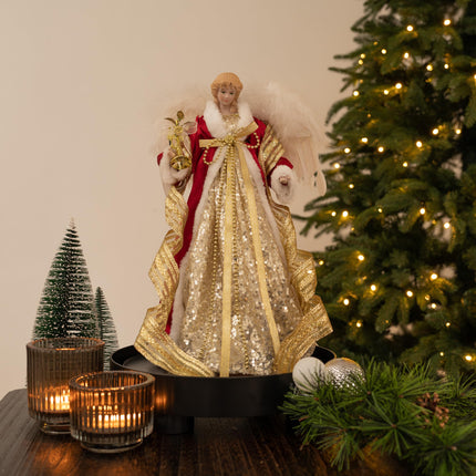 Valery Madelyn Lighted Christmas Tree Topper Angel with Timer, 12 Inch Luxury Red Gold Fabric Small Angel Tree Topper with Lights for Christmas Tree Decoration Indoor, Battery Operated