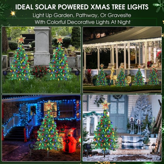 Solar Christmas Trees Decorations, Solar Powered Xmas Tree Lights Outdoor Waterproof with 50 LEDs and 8 Modes for Yard, Lawn, Pathway, Garden, Front Porch, Cemetery, Graveside Decor (2 Pack)