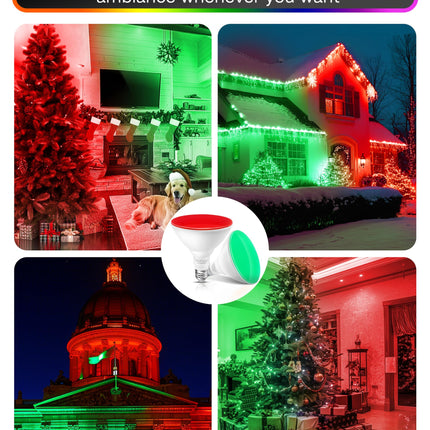 LED Flood Red Green Light Bulb, 15W Equivalent 150W, Par38 Red Green Flood Light, E26 Base, Colored LED Light Bulbs, Not-dim Ideal for Christmas, Halloween, Party, Holiday, 2 Pack