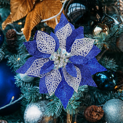 14 Set 8.7" Wide 4 Layers Christmas Blue Glitter Poinsettia Flowers Picks Christmas Tree Ornaments for Blue Christmas Tree Wreaths Garland Holiday Seasonal Festive Navidad Decoration Box Included