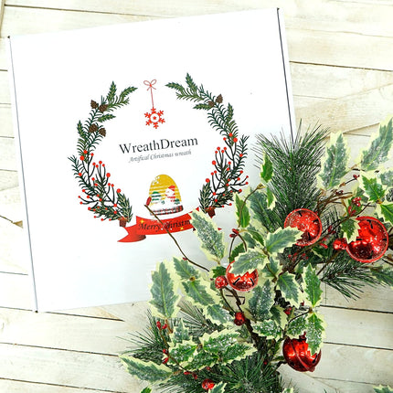Artificial Christmas Wreath Winter Wreath with Holly Leaves,Red Bell for Front Door Indoor Outdoor Farmhouse Wall Holiday Decor