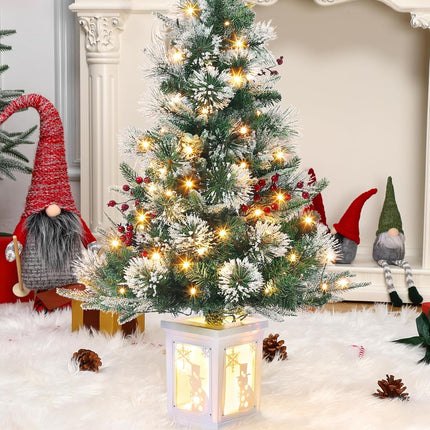 3FT Prelit Snow Flocked Christmas Tree with Prelit Premium 70 LED 8 Mode Battery Powered Mini Small Xmas Tree for Christmas Decoration ,Party,Home,Office,Outdoor,Indoor With Snowman White Base-1PC
