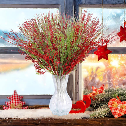 48 Pcs Christmas Red Green Artificial Glitter Berry Stems Ornaments Fake Christmas Candy Picks Decorative Curly Glitter Sticks Branches for Xmas Tree Wreath Crafts Vase Filler (48, Red, Green)
