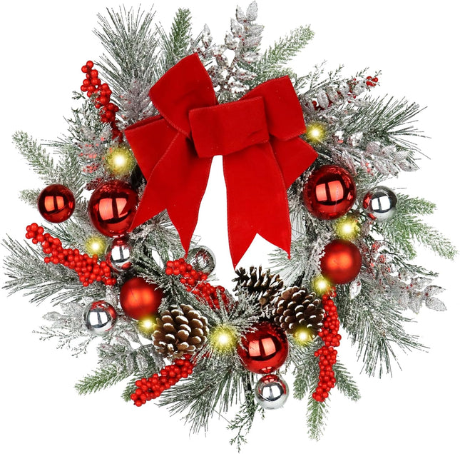 20" Christmas Wreaths for Front Door, Artificial Christmas Wreath Decoration with Lights, Winter Wreaths with Pine Cones,Bow,Balls Ornaments for Indoor Outdoor Home Decor (Red)
