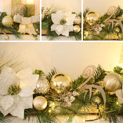 Valery Madelyn 9 feet Pre-Lit Christmas Garland with Lights for Mantle, Lighted Battery Operated Xmas Garland with White Gold Balls for Front Door Fireplace Table Centerpiece Outdoor Window Home Decor