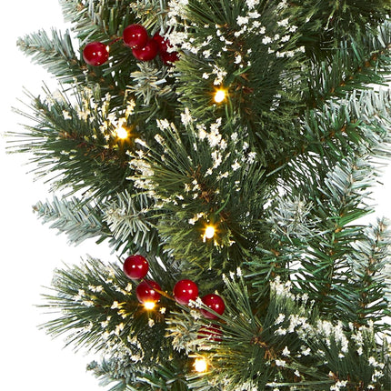 Nearly Natural 24in. Frosted Swiss Pine Artificial Wreath with 35 Clear LED Lights and Berries, Green, 5x24x24