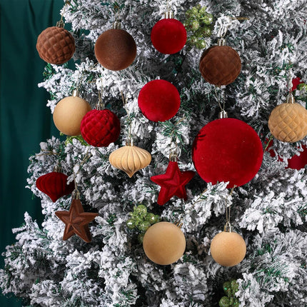 95 PCS Velvet Christmas Tree Decorations Set, 70 Assorted Velvet Flocked Ball Ornament 12 Velvet Bow 1 Top Star 12 Glitter Berry Stems for Xmas Holiday Tree Wreath(Wine Red, Brown, Khaki)