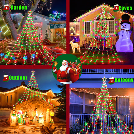 KNO Outdoor Christmas Decorations Waterfall Star Lights,344 LED 8 Modes Tree Light,Plug in Clear Wire Waterproof Seasonal Lighting Decor for Xmas Tree Wedding Yard Holiday Garden Red Green