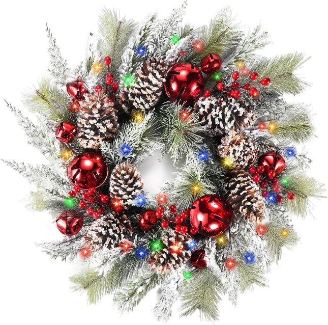 DDHS Christmas Wreaths for Front Door,24 Inch Pre-Lit Winter Wreath with Big Bells, Pine Cones, Red Berries 60 LED Lights, for Party Table Fireplaces Porch Walls Years Christmas Home Decor-Snow