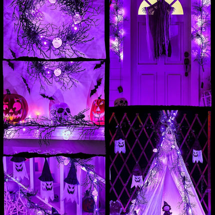 Brightown Halloween Decorations Garland with Lights, 6 Feet 20 LED Purple Lights Vine Garland Lights with Spider, Skull, Battery Operated Halloween Lights for Fireplace Mantle Wall Table Door