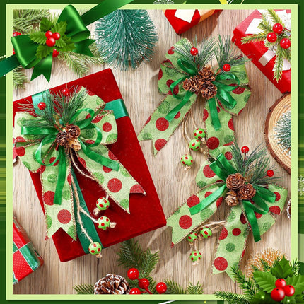 Waydress 4 Pcs Red Green Christmas Bows Decoration 8.66 Inch Large Glitter Dot Christmas Bows with Pine Cones Red Green Ribbons Elf Ornaments for Wreaths Garland Christmas Tree Party(Red Green)