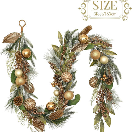Valery Madelyn 6 feet Pre-Lit Christmas Garland with Lights for Mantle, Lighted Battery Operated Xmas Garland with Bronze Gold Balls for Front Door Fireplace Table Centerpiece Outdoor Window Decor