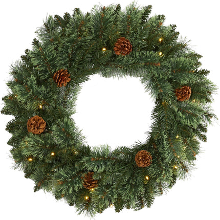 Nearly Natural 24in. White Mountain Pine Artificial Christmas Wreath with 35 LED Lights and Pinecones