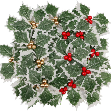 Lorigun 30 Pieces Artificial Holly Berries, Fake Berries with Green Leaves, Artificial Berry Flowers Decorations Christmas Crafts, Faux Golden Red Holly Berries Stems for Party Wreath Centerpiece