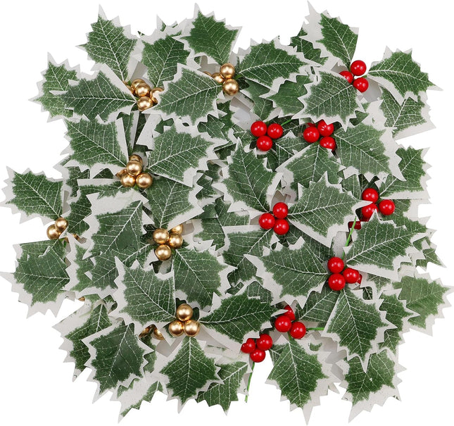 Lorigun 30 Pieces Artificial Holly Berries, Fake Berries with Green Leaves, Artificial Berry Flowers Decorations Christmas Crafts, Faux Golden Red Holly Berries Stems for Party Wreath Centerpiece