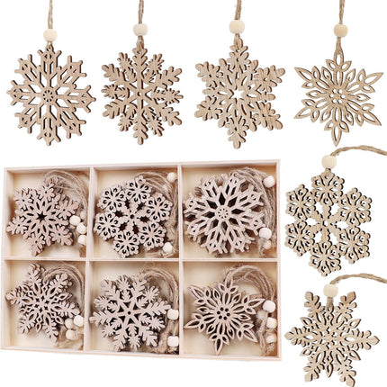 24 Pieces Wooden Christmas Snowflakes Ornaments 3inch Snow Flake Hanging Ornament for Rustic Christmas Tree Decoration Holiady Crafts