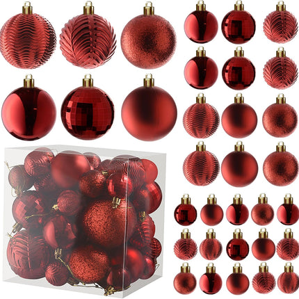 Prextex 36pc Shatterproof Christmas Ball Ornaments - Red, 6 Styles in 3 Sizes, with Hanging Loops for Tree, Wreath, Party Decor