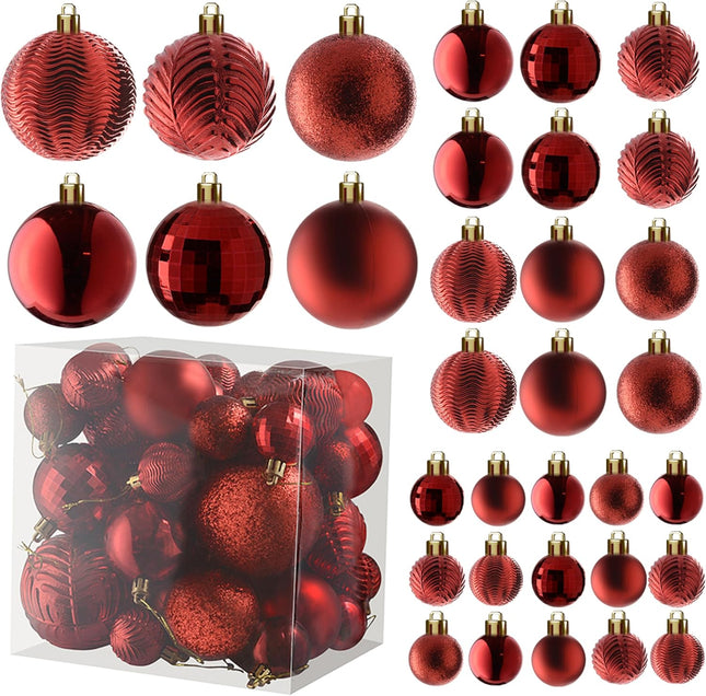 Prextex 36pc Shatterproof Christmas Ball Ornaments - Red, 6 Styles in 3 Sizes, with Hanging Loops for Tree, Wreath, Party Decor