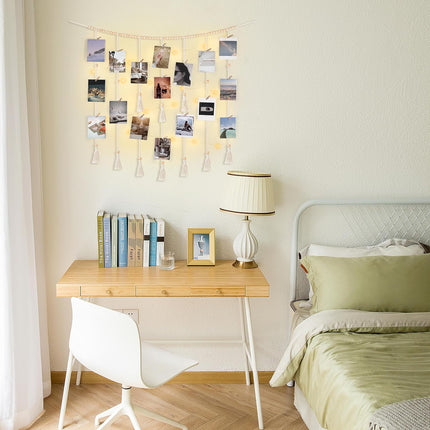 Mkono Macrame Hanging Photo Display Wall Decor with String Lights Boho Room Bedroom Wooden Beads Garland Picture Holder with 30 Clips