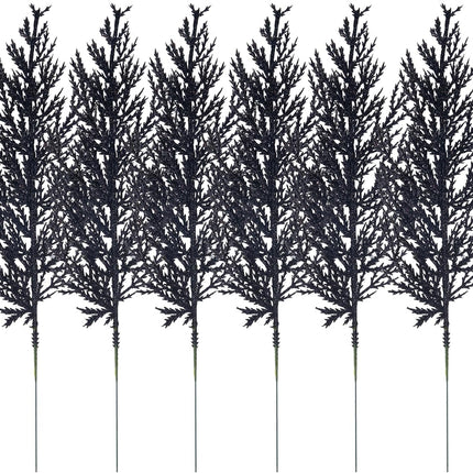 Felice Arts 6 Pack Artificial Flat Black Glitter Pine Needles 13" Fake Decorative Glitter Sticks for Halloween Vase Christmas Tree DIY Wreath Crafts Fireplace Decor