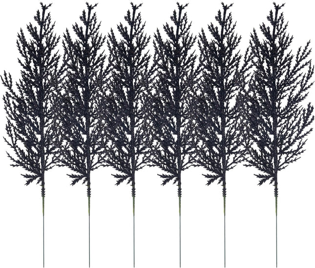 Felice Arts 6 Pack Artificial Flat Black Glitter Pine Needles 13" Fake Decorative Glitter Sticks for Halloween Vase Christmas Tree DIY Wreath Crafts Fireplace Decor