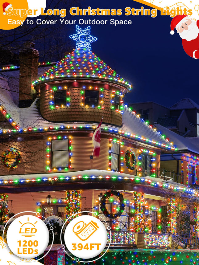 Christmas Lights 1200 LED 394 FT, Waterproof Outdoor String Lights with Remote and Timer, Christmas Tree Lights with 8 Modes Dimmable, Fairy Lights for Holiday Decor (Multicolor)
