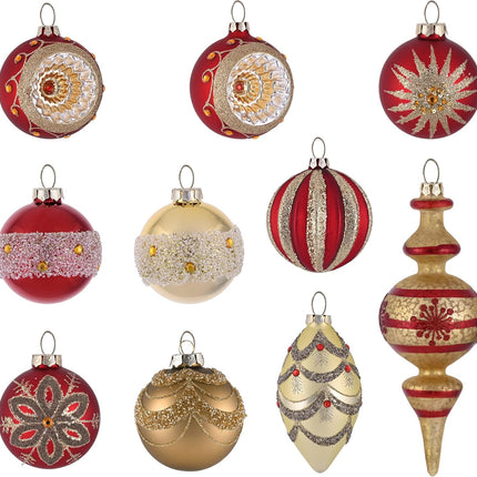 Valery Madelyn Glass Christmas Ornaments Set, 10ct Red and Gold Mercury Blown Glass Christmas Tree Ball Decorations, Luxury Xmas Hanging Teardrop Finial Faceted Reflector for Holiday Decor
