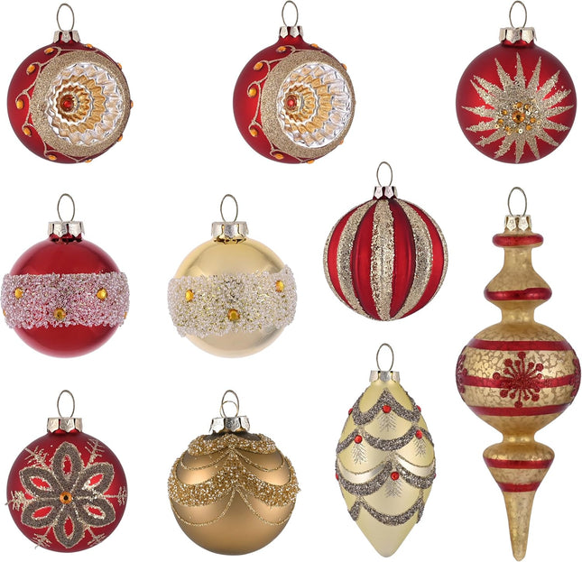 Valery Madelyn Glass Christmas Ornaments Set, 10ct Red and Gold Mercury Blown Glass Christmas Tree Ball Decorations, Luxury Xmas Hanging Teardrop Finial Faceted Reflector for Holiday Decor