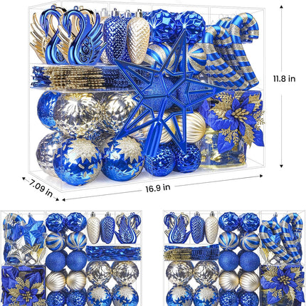 128pcs Christmas Balls Ornaments Set, Shatterproof Plastic Baubles Christmas Flower, Ribbon and Tree Topper for Xmas Tree Holiday Wedding Party Decorations with Hanging Strings, Blue and Gold