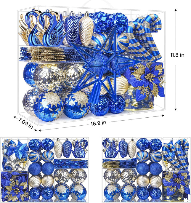 128pcs Christmas Balls Ornaments Set, Shatterproof Plastic Baubles Christmas Flower, Ribbon and Tree Topper for Xmas Tree Holiday Wedding Party Decorations with Hanging Strings, Blue and Gold