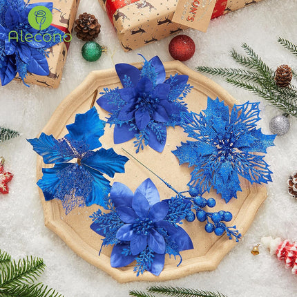 Alecono 24 Pcs Blue Christmas Artificial Flowers, Fake Tree Decor Shining Faux Floral with Clips DIY Xmas Berry Holiday Home Party Wedding Ornaments