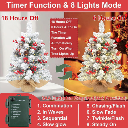 24 Inch Snow Flocked Pre-lit Christmas Tree Tabletop Decor with 50 Warm Lights Timer 8 Modes Battery Operated Artificial Small Christmas Tree 70 Red Berries Pinecones Christmas Decorations Home Indoor