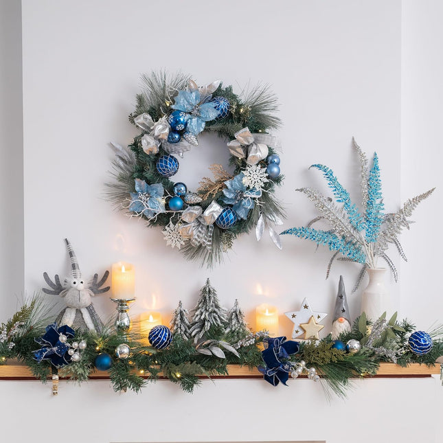 Valery Madelyn 24 Inch Pre-Lit Christmas Wreath for Front Door with Lights, Large Lighted Christmas Wreath with Silver Blue Xmas Ball for Fireplace Window Outdoor Table Centerpiece Holiday Decoration