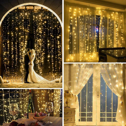 weillsnow 304 LED Solar Curtain Lights Remote Control with 8 Modes, Outdoor Christmas Lights Waterproof for Window Patio Garden Balcony Wedding Party Christmas Decorations（Warm White）