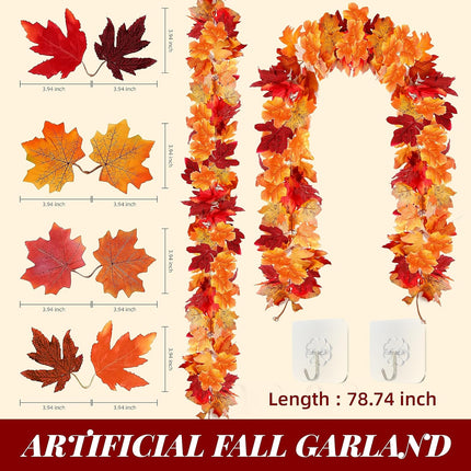 Artificial Fall Garland Maple Leaf, Hanging Vine Garland Artificial Fall Leaves Autumn Foliage Garland Thanksgiving Decor for Home Wedding Fireplace Party Christmas (2)