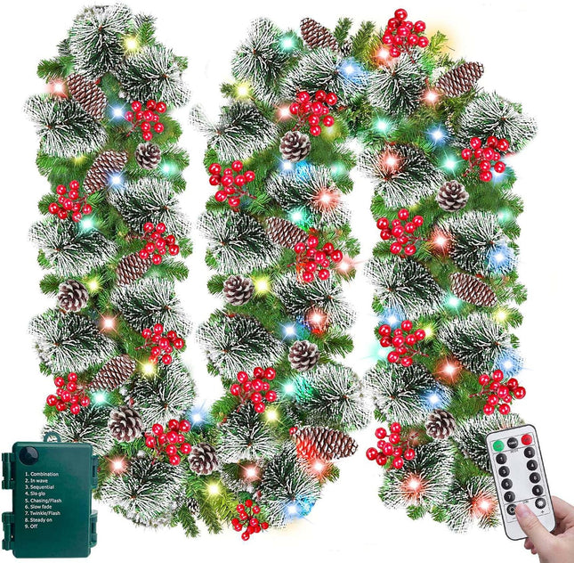 [ Remote Control & Timer 8 Modes ] TURNMEON 9Ft Christmas Garland with 50 Colorful Lights Thicker 300 Branches Tips 18 Pinecones 198 Red Berries Prelit Lighted Garland Christmas Decorations Mantel